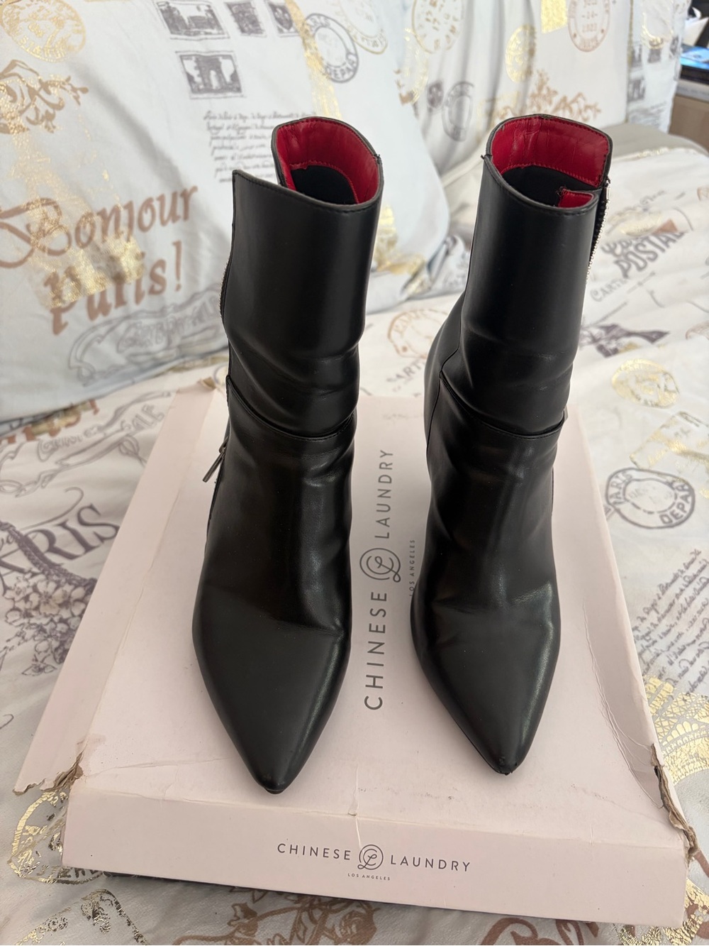 Chinese Laundry Black Pointed Toe Ankle Boots with Red Lining